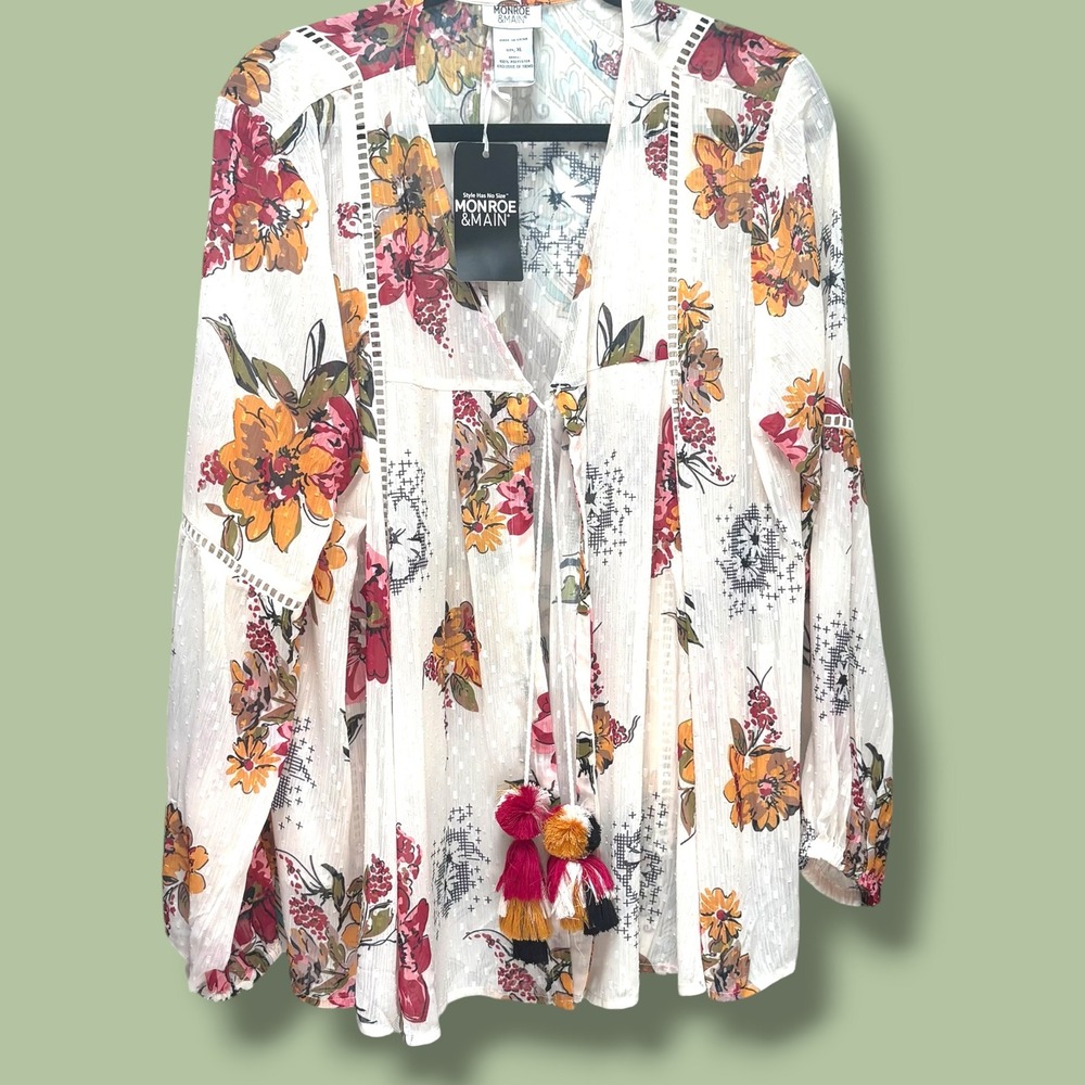 Monroe & Main Womens XL Floral Clip Dot Kimono Cardigan Tassel Tie Boho Cream